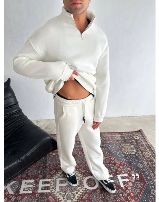 Kışlık Yarım Fermuarlı Üç İplik Eşofman Takım  Beyaz