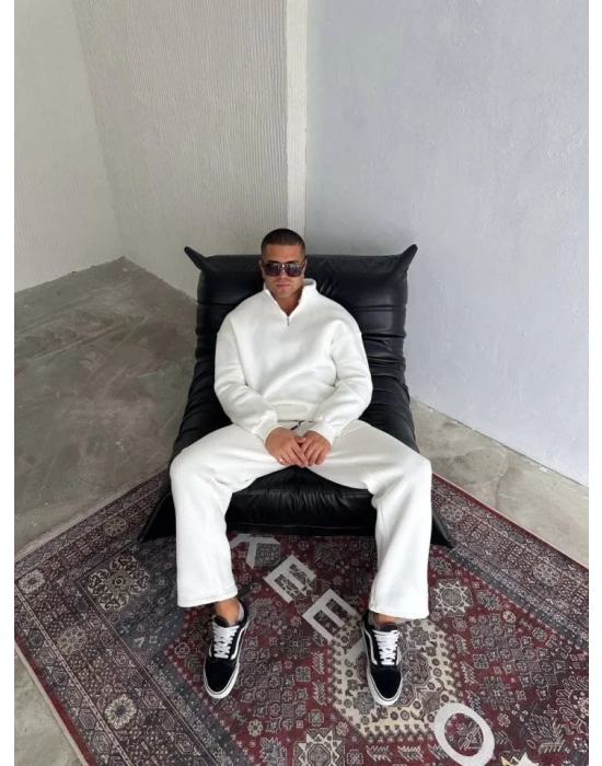 Kışlık Yarım Fermuarlı Üç İplik Eşofman Takım  Beyaz