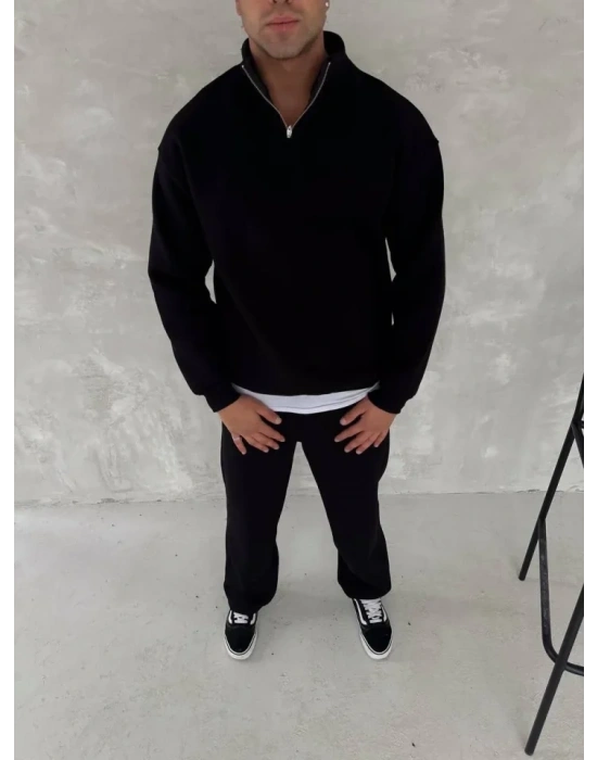 Kışlık Yarım Fermuarlı Üç İplik Eşofman Takım  iyah