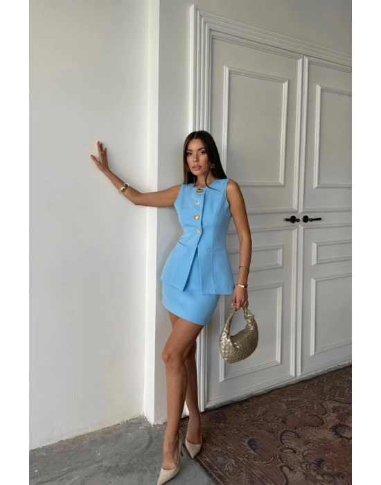 KLAİK GOLD DÜĞMELİ YELEK  KIA ETEK TAKIM  Mavi