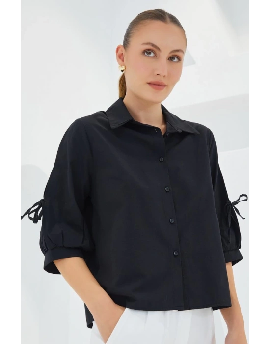 Kol Detaylı Siyah Crop Gömlek 20246