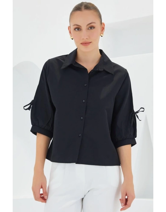 Kol Detaylı Siyah Crop Gömlek 20246
