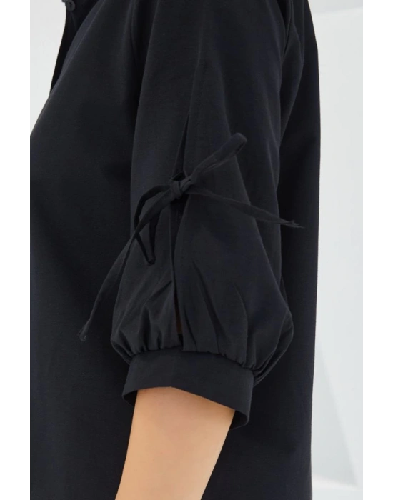 Kol Detaylı Siyah Crop Gömlek 20246