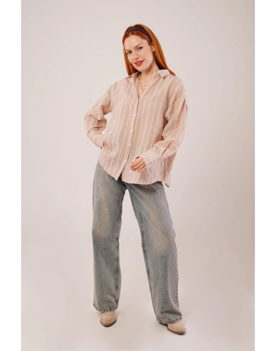 Kol Düğmeli Çizgili Bej Gömlek