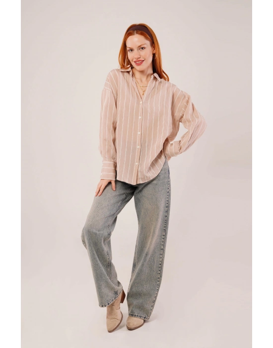 Kol Düğmeli Çizgili Bej Gömlek