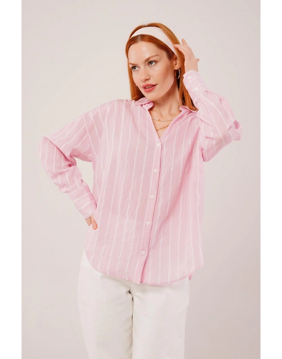 Kol Düğmeli Çizgili Pembe Gömlek