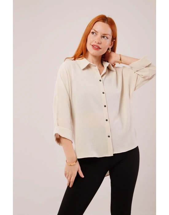 Kol Katlama Detaylı Bej Gömlek
