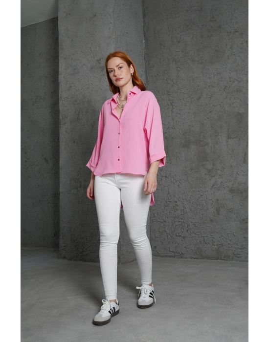 Kol Katlama Detaylı Pembe Gömlek