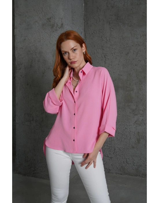 Kol Katlama Detaylı Pembe Gömlek