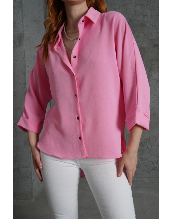 Kol Katlama Detaylı Pembe Gömlek