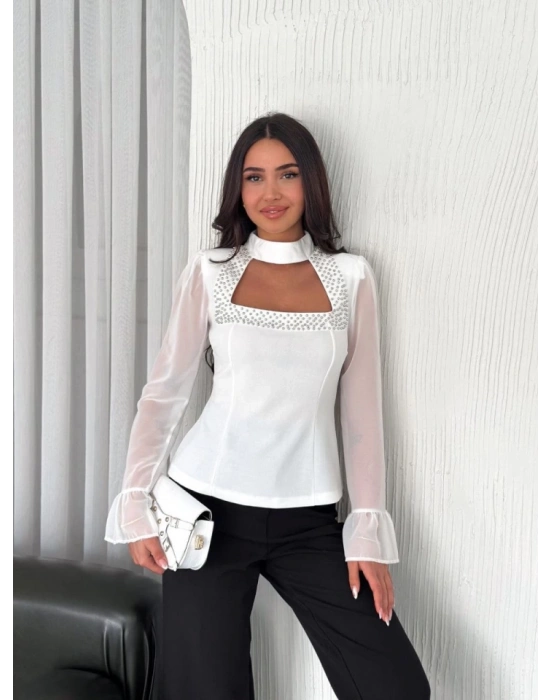 Kolları Şifon Göğüste İnci Boncuk Detaylı Bluz  Beyaz