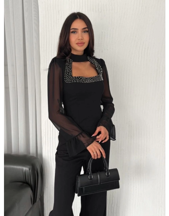 Kolları Şifon Göğüste İnci Boncuk Detaylı Bluz  iyah