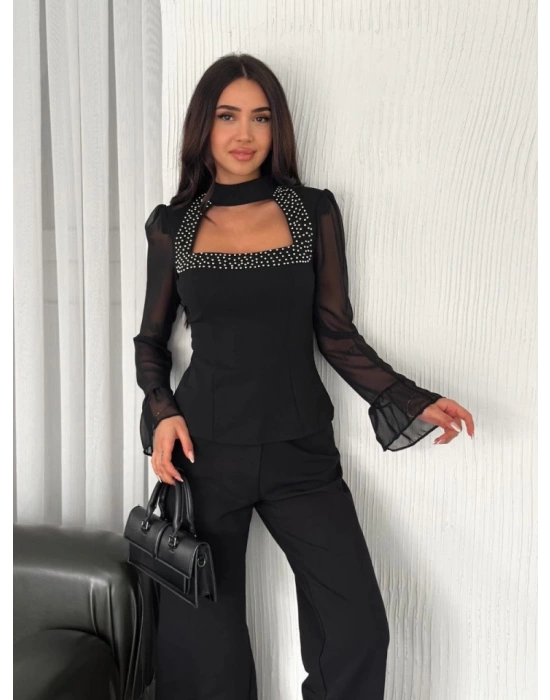 Kolları Şifon Göğüste İnci Boncuk Detaylı Bluz  iyah