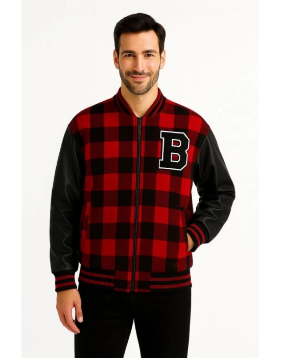 Kolları uni Deri Içi Astarlı Oduncu Kolej Içi Ceket  Bordo