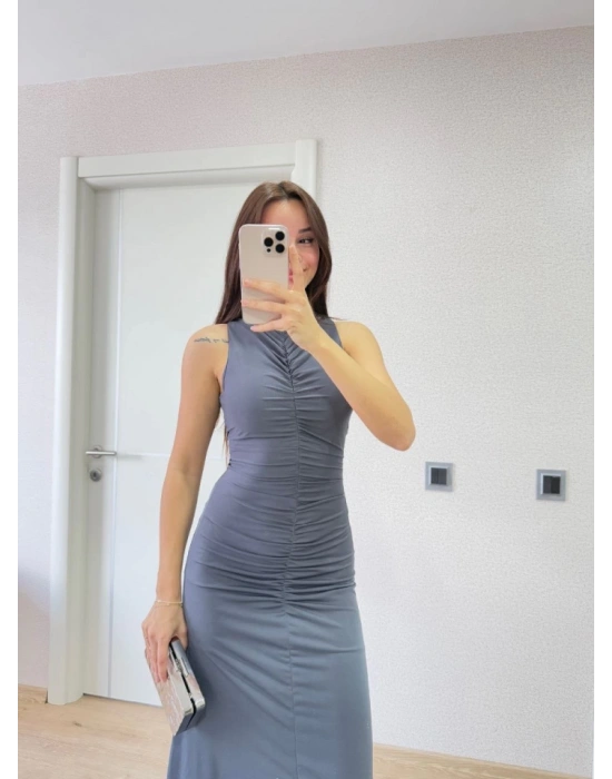 Kolsuz Büzgülü Uzun Elbise  Füme