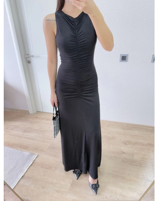 Kolsuz Büzgülü Uzun Elbise  iyah