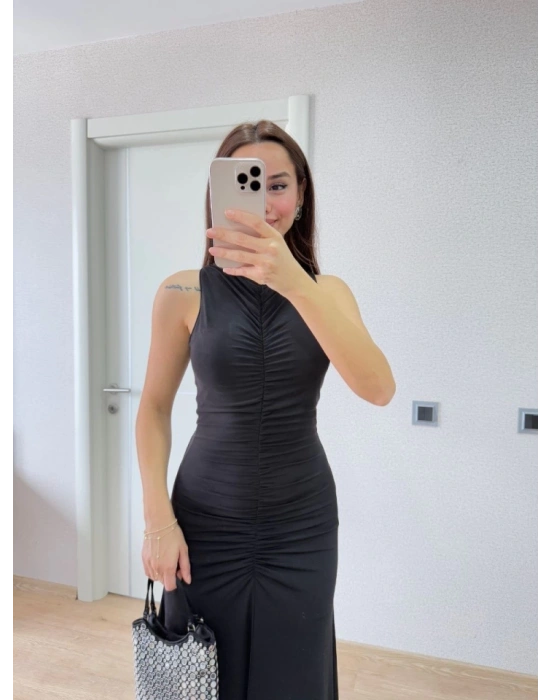 Kolsuz Büzgülü Uzun Elbise  iyah