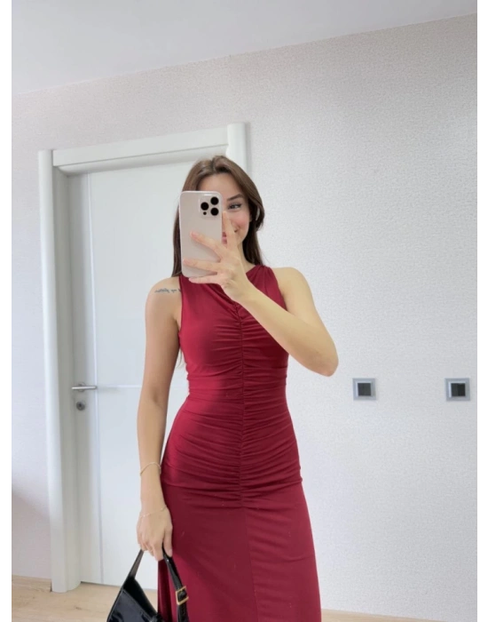 Kolsuz Büzgülü Uzun Elbise  Kırmızı