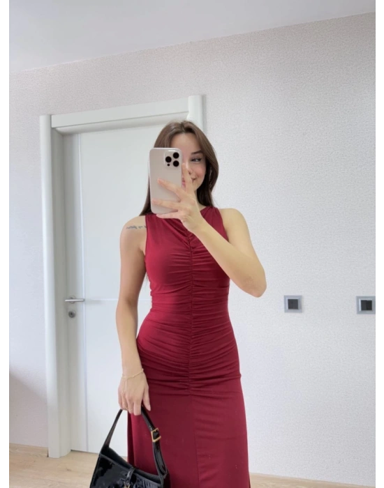 Kolsuz Büzgülü Uzun Elbise  Kırmızı