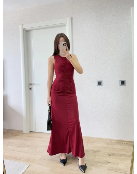 Kolsuz Büzgülü Uzun Elbise  Kırmızı
