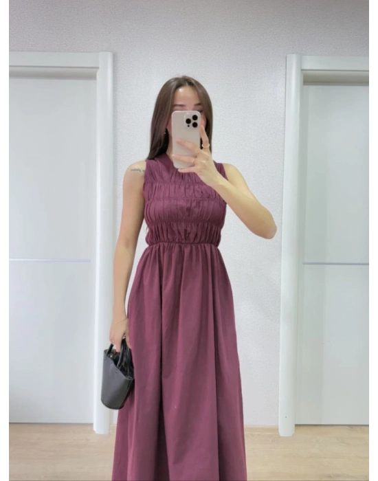 Kolsuz Göğüs astıklı Uzun Elbise  Bordo