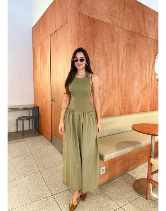 Kolsuz Uzun Elbise  Haki