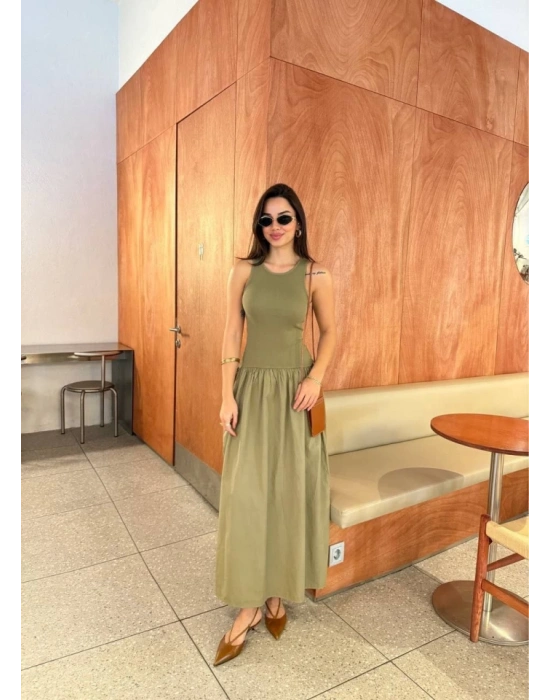 Kolsuz Uzun Elbise  Haki