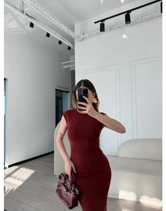 Kolsuz Uzun Likralı Elbise  Bordo