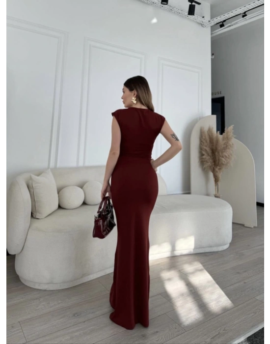 Kolsuz Uzun Likralı Elbise  Bordo