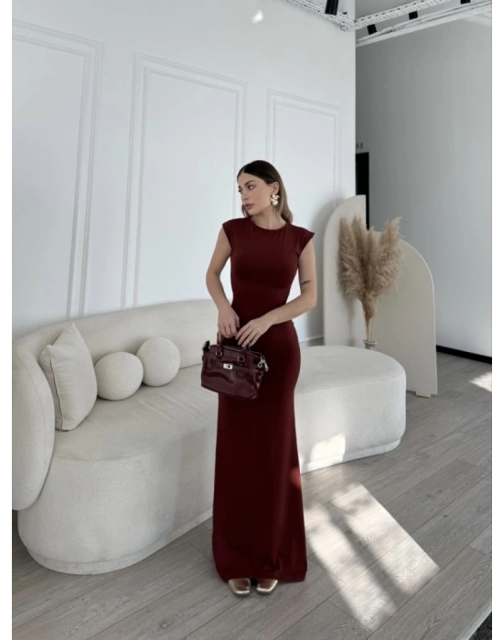 Kolsuz Uzun Likralı Elbise  Bordo