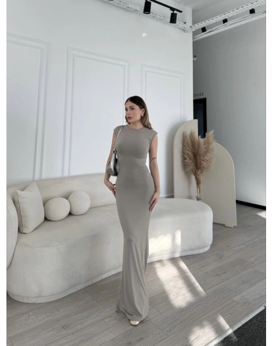Kolsuz Uzun Likralı Elbise  Gri