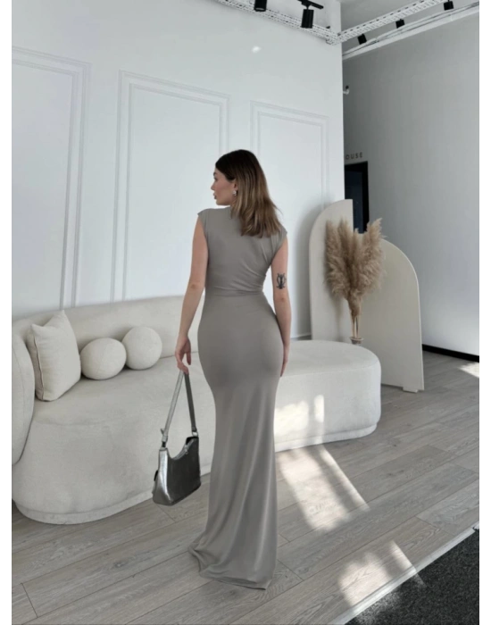 Kolsuz Uzun Likralı Elbise  Gri