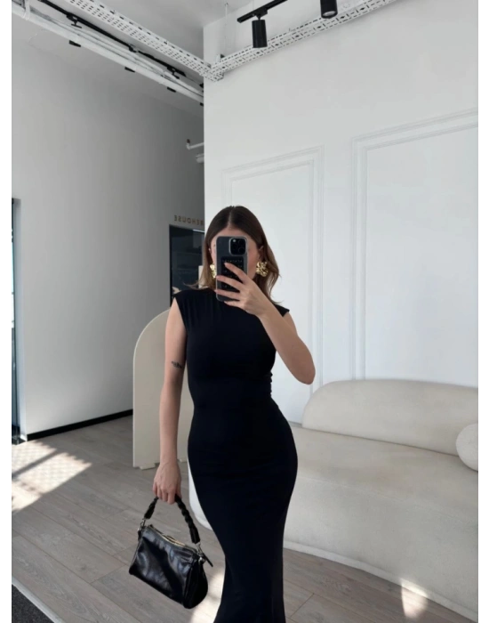 Kolsuz Uzun Likralı Elbise  iyah