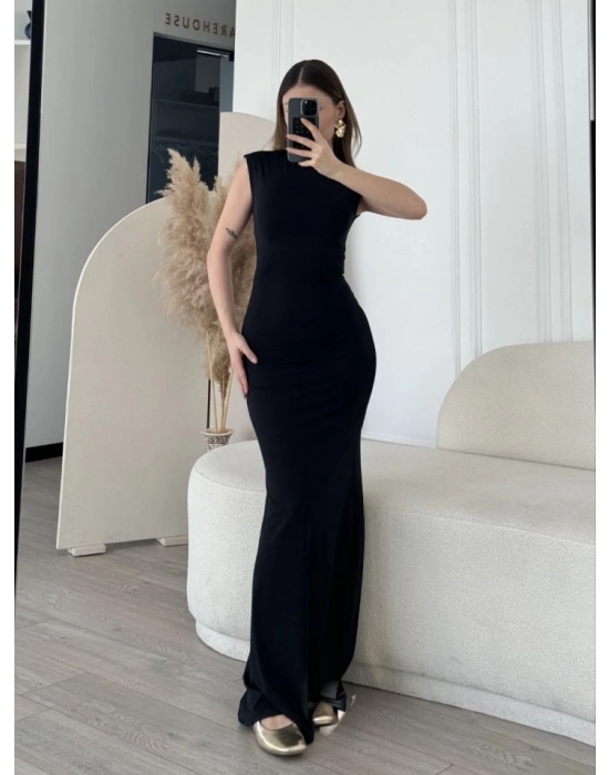 Kolsuz Uzun Likralı Elbise  iyah