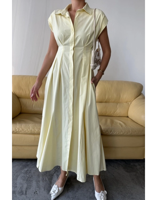 KOLSUZ VATKALI ÖNDEN DÜĞELİBEL PENS DETAYLI POPLİN ELBİSE  Sarı