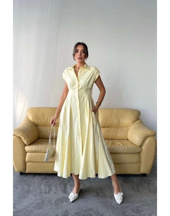 KOLSUZ VATKALI ÖNDEN DÜĞELİBEL PENS DETAYLI POPLİN ELBİSE  Sarı