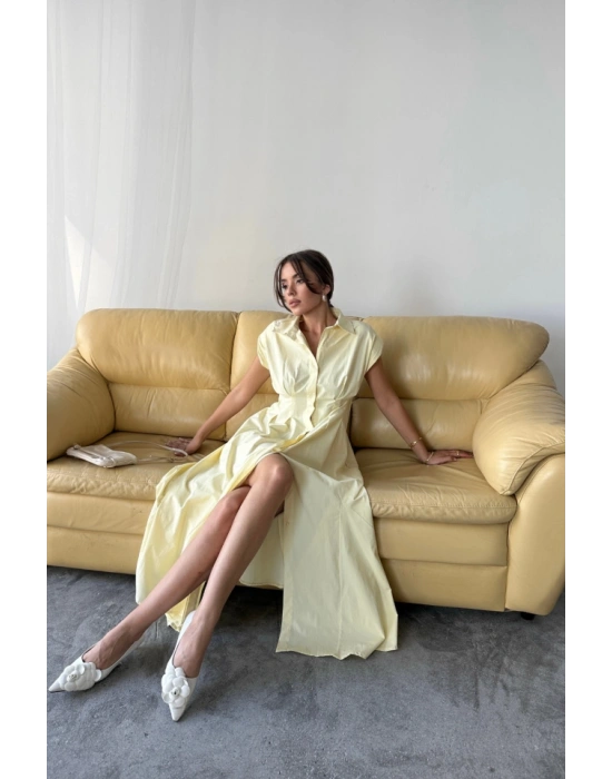 KOLSUZ VATKALI ÖNDEN DÜĞELİBEL PENS DETAYLI POPLİN ELBİSE  Sarı