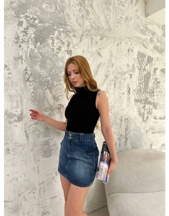 Kolsuz Yarım Bağazlı Badi Bluz  iyah