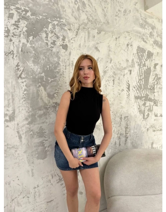 Kolsuz Yarım Bağazlı Badi Bluz  iyah