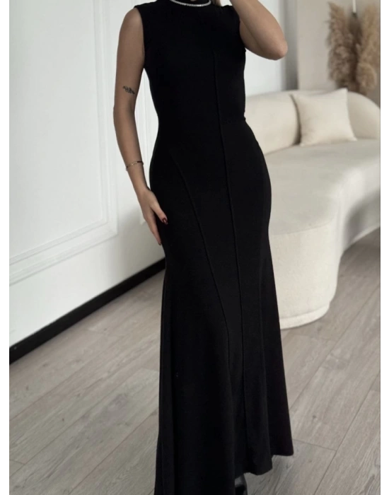 Kolsuz Yarım Bogazlı Uzun Elbise iyah