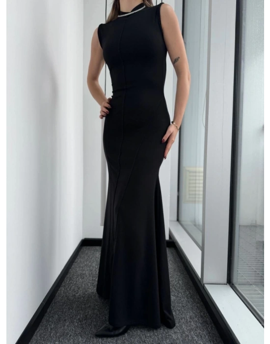 Kolsuz Yarım Bogazlı Uzun Elbise iyah