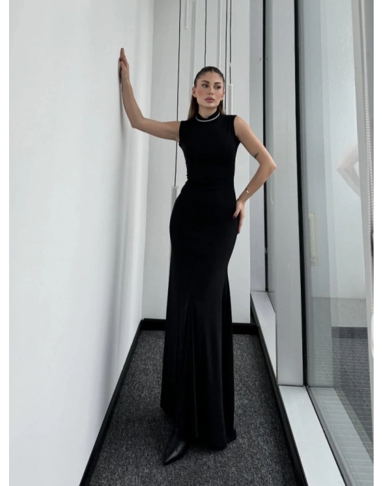 Kolsuz Yarım Bogazlı Uzun Elbise iyah