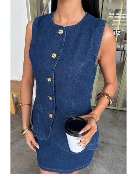Kolsuz Yelekli ini Etekli Denim Takım 10164