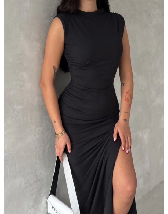 Kolsuz Yırtmaçlı Uzun axı Boy Elbise  iyah