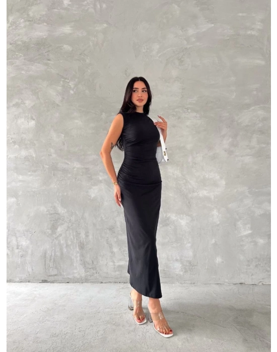 Kolsuz Yırtmaçlı Uzun axı Boy Elbise  iyah