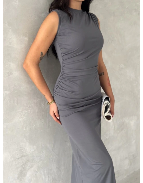 Kolsuz Yırtmaçlı Uzun axı Boy Elbise  Gri