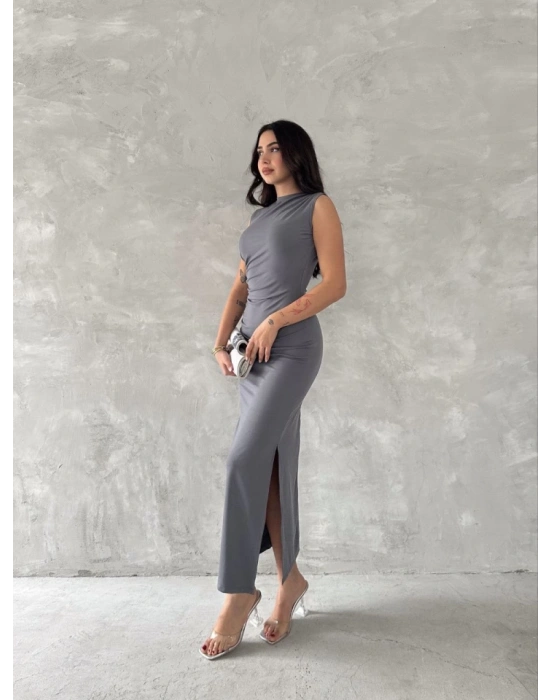 Kolsuz Yırtmaçlı Uzun axı Boy Elbise  Gri