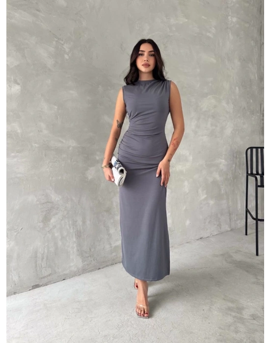 Kolsuz Yırtmaçlı Uzun axı Boy Elbise  Gri