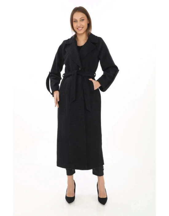 Kolu Apoletli Astarlı Kaşmir Kaşe Kaban  Siyah