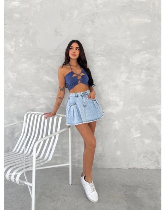 Kot Jeans Kesimetrik Kesim Cepli Şortlu Etek  avi